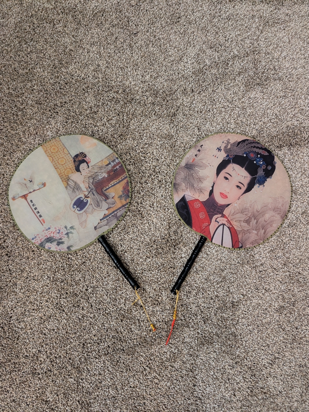 Vintage Chinese Silk Paddle Hand Fans Set of 2 Round Tuanshan Decorative WallArt